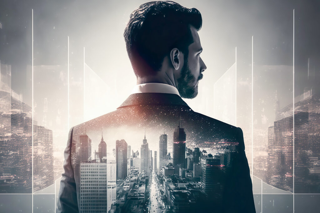 Homem de costas, e no terno dele tem uma imagem dos prédios da cidade